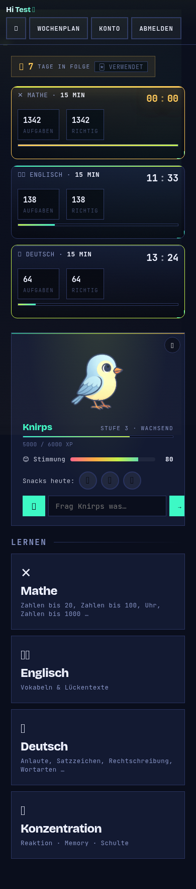 Startbildschirm mit Tagesziel und Begleiter